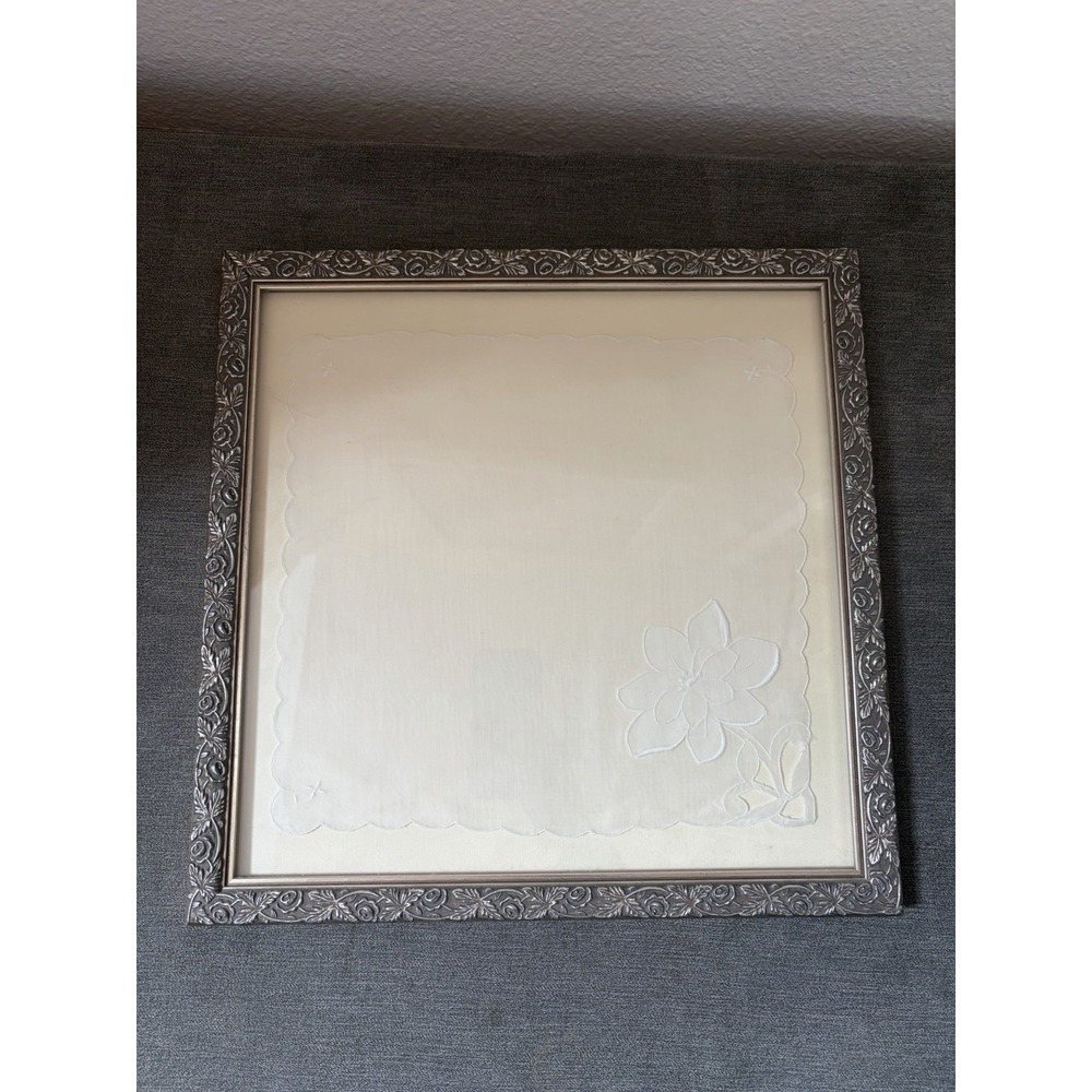 Vintage White Embroidered Handkerchief, framed in Silver Frame 14"x 14"
